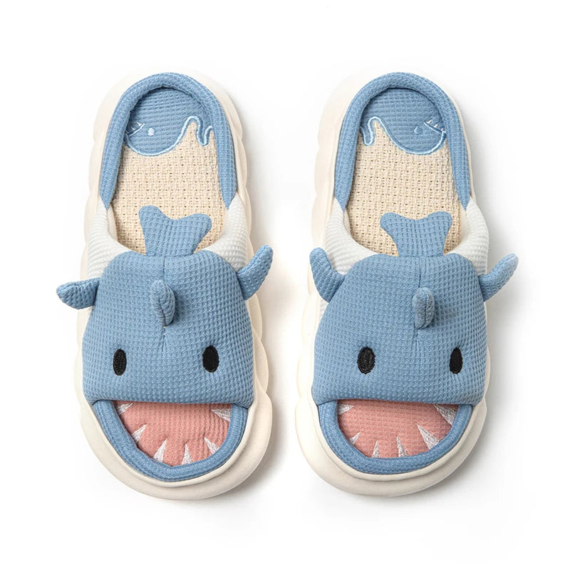 Cute Cartoon Shark Linen Slippers Women 2024 Winter Thick Bottom Home Cotton Slippers Woman Non Slip Indoor Couple Shoes Slides