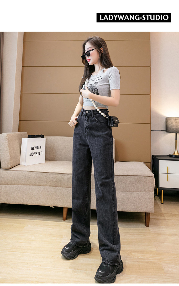 Autumn Spring Denim Pant Women Jeans Vintage Straight Trousers Fashion Female White Black Solid Loose Casual Wide Leg Pants