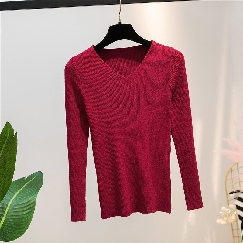 Women Knitted Shirts Fashion Female Autumn Winter Long Sleeve V-neck Skinny Elastic Casual Thin Sweater Pullover Tops Knitwear