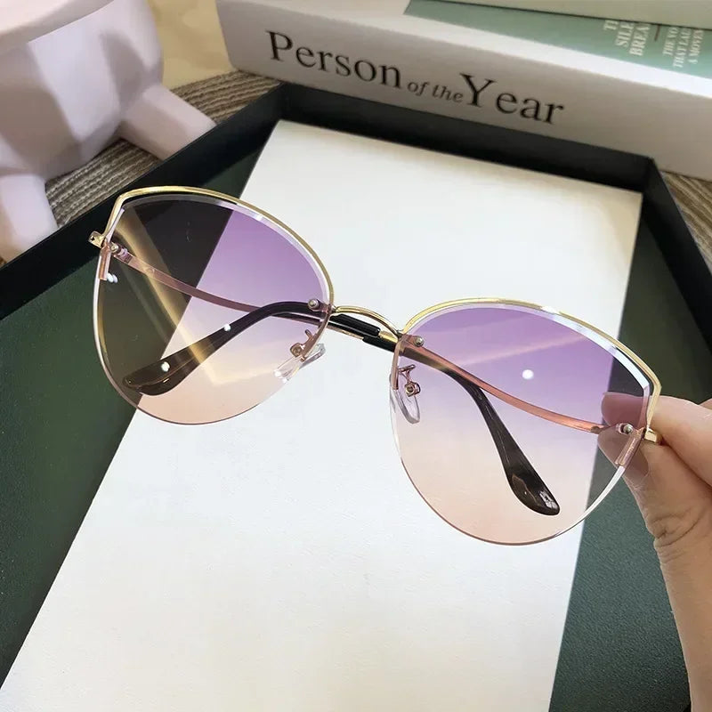 Brand Rimless Sunglasses Women Luxury Cat Eye Sun Glasses Ladies Clear Gradient Sunglass 2024 Diamond Cutting Lenes UV400