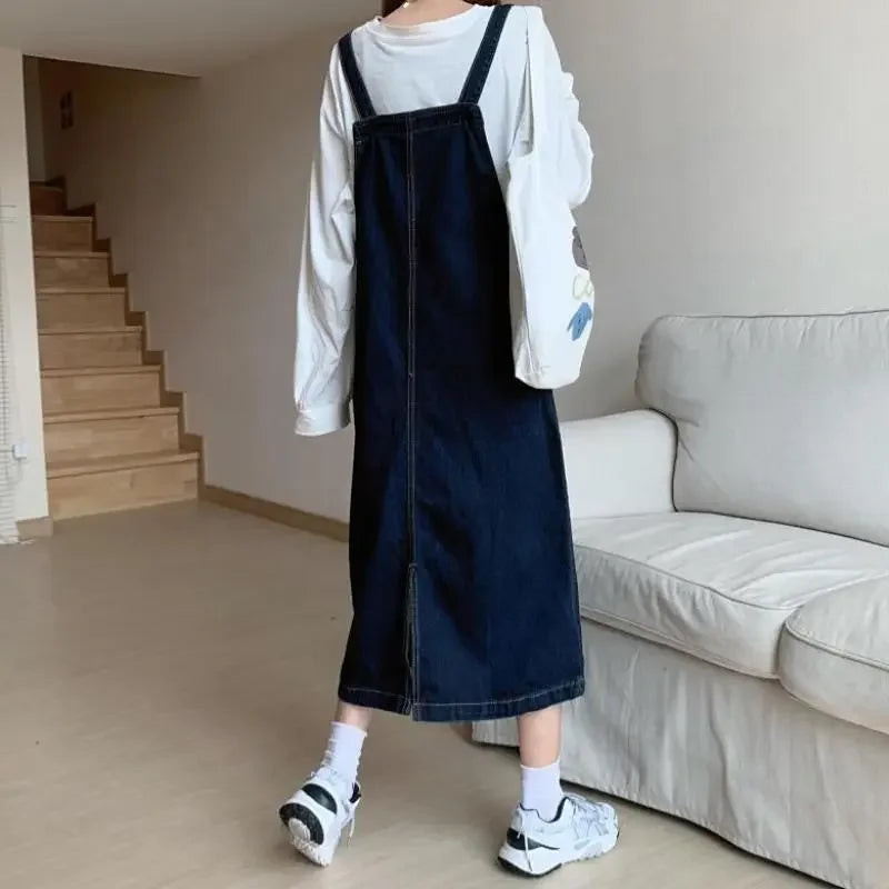 Spring Summer Denim Overall Dress Women Casual Sleeveless Jeans Dresses Fashion Solid Split Loose Spaghetti Strap Dresses Girls