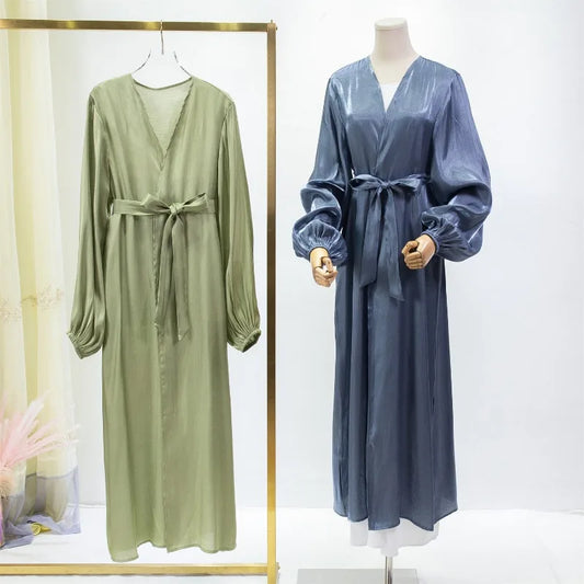 Kaftan Muslim Abayas Women's Islamic Clothing Long Sleeve Open Front Abaya With Belt Maxi Dress Women Jilbabs Dubai Robe Caftan