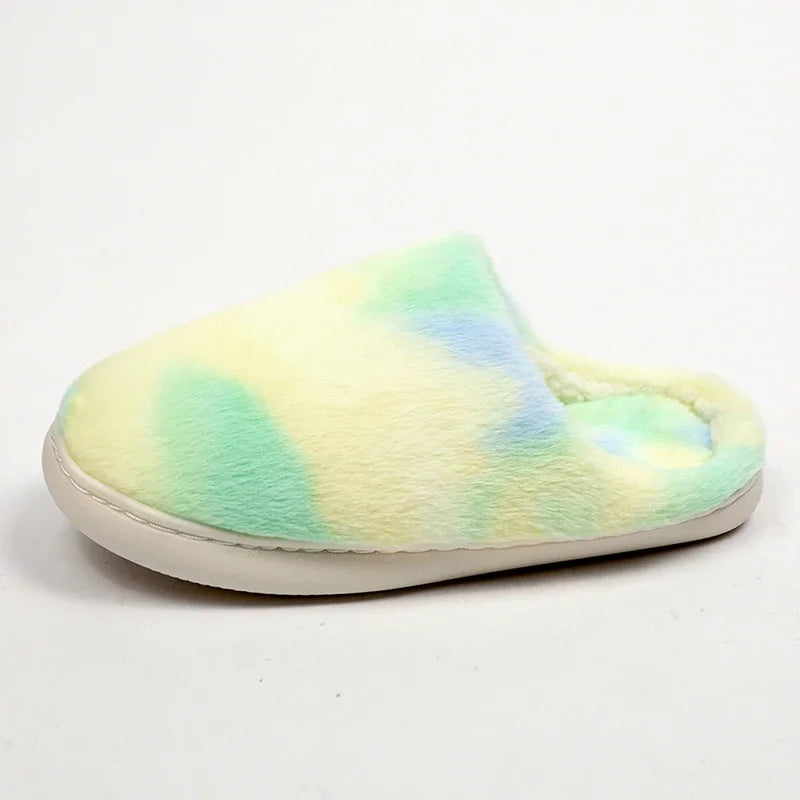 Tie Dye Fluffy Fur Slippers for Women 2024 Winter Closed Toe House Home Slippers Woman Non Slip Flat Heels Indoor Cotton Shoes