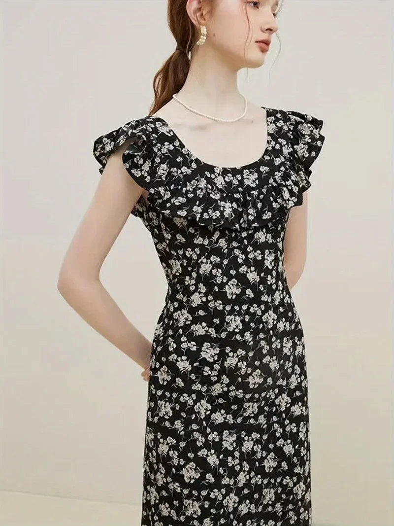 Spring Summer Chiffon Dress Women Sleeveless Dresses Vestidos Vintage Printed Floral A-line Midi Casual Dress with Side Zippers