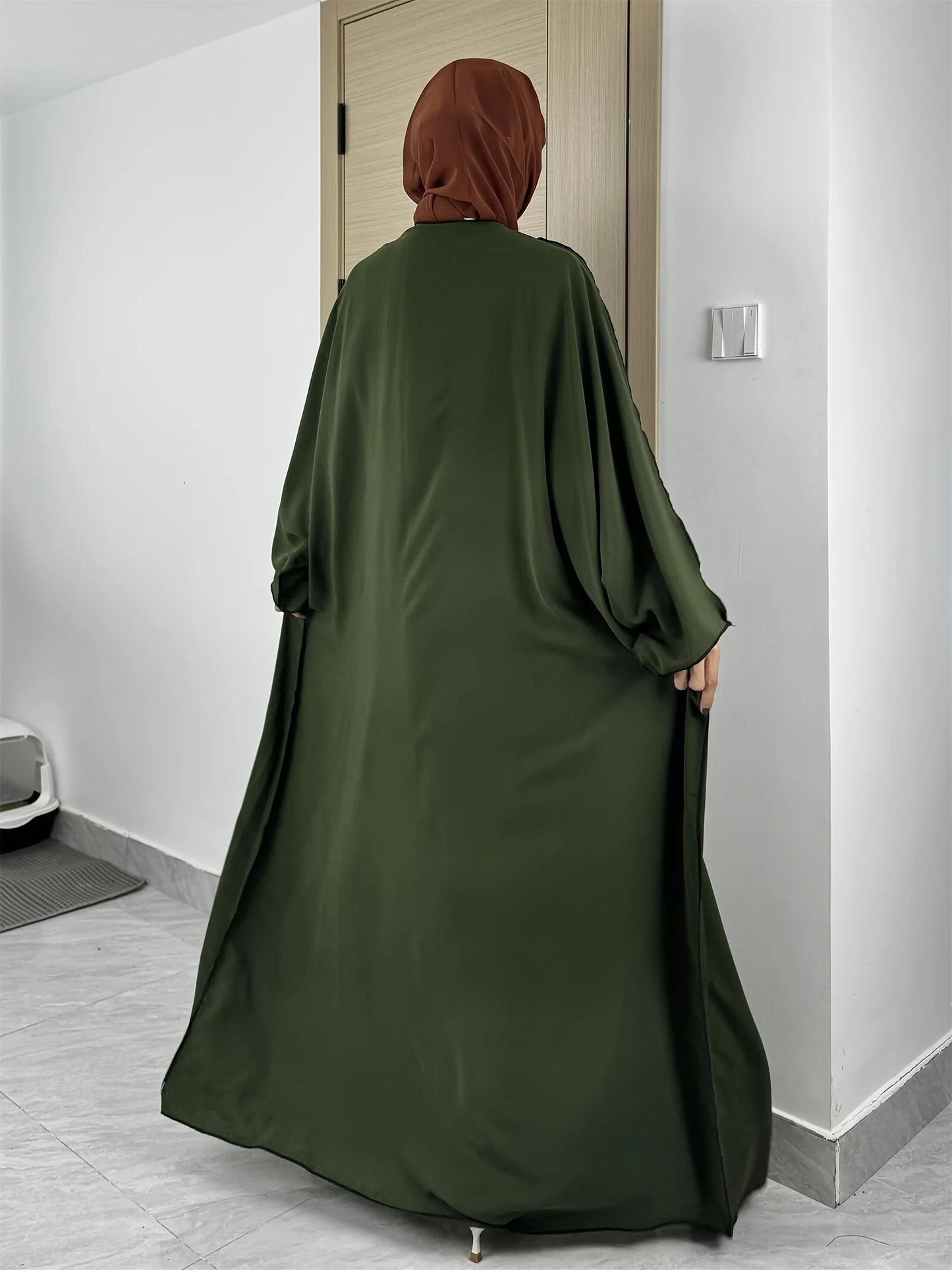 Ramadan Solid Open Front Simple Abayas, Elegant Long Sleeve Maxi Length Cover Up, Women's Clothing