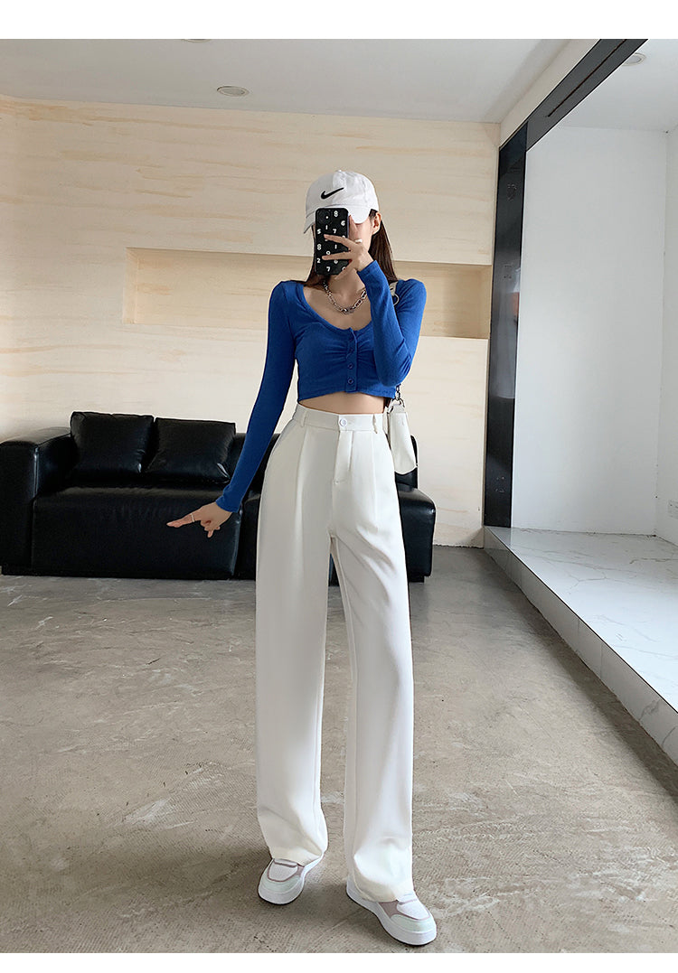 Women High Waist Floor-Length Suits Pants Autumn Winter White Loose Wide Leg Pants Female Office Ladies Straight Long Trousers