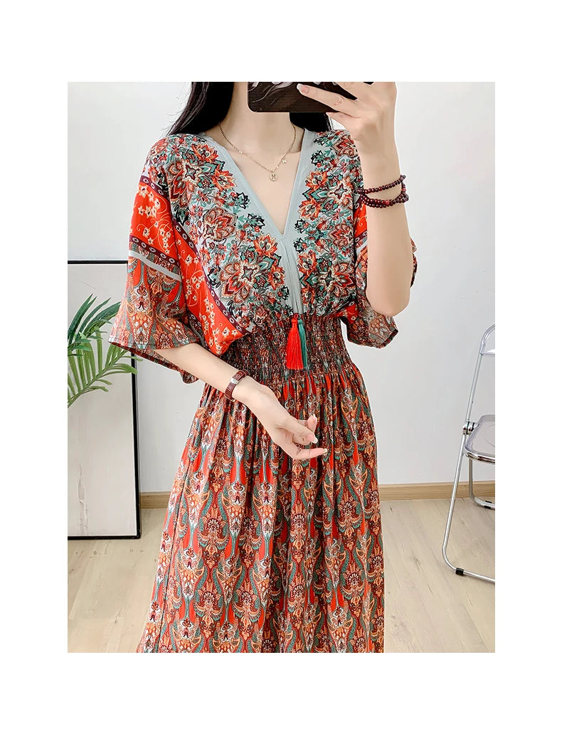 Print Floral Short Sleeve Maxi Dress Women Dresses Summer Spring V-neck Fashion Female Vintage Poplin Bohemian Beach Dresses