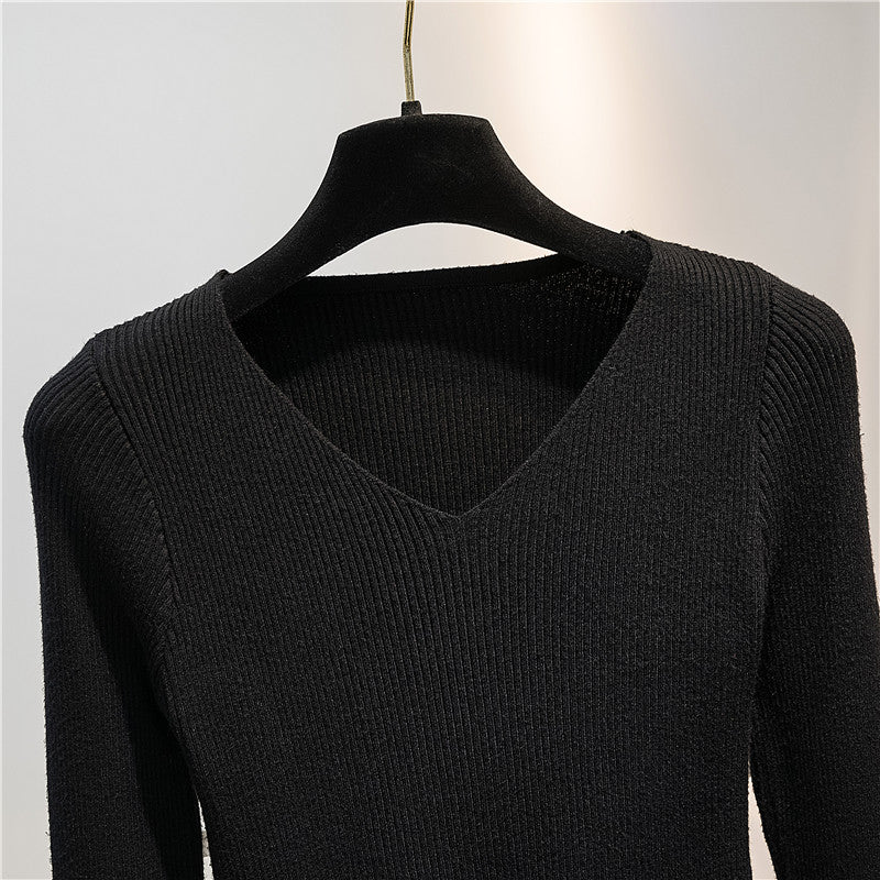 Women Knitted Shirts Fashion Female Autumn Winter Long Sleeve V-neck Skinny Elastic Casual Thin Sweater Pullover Tops Knitwear