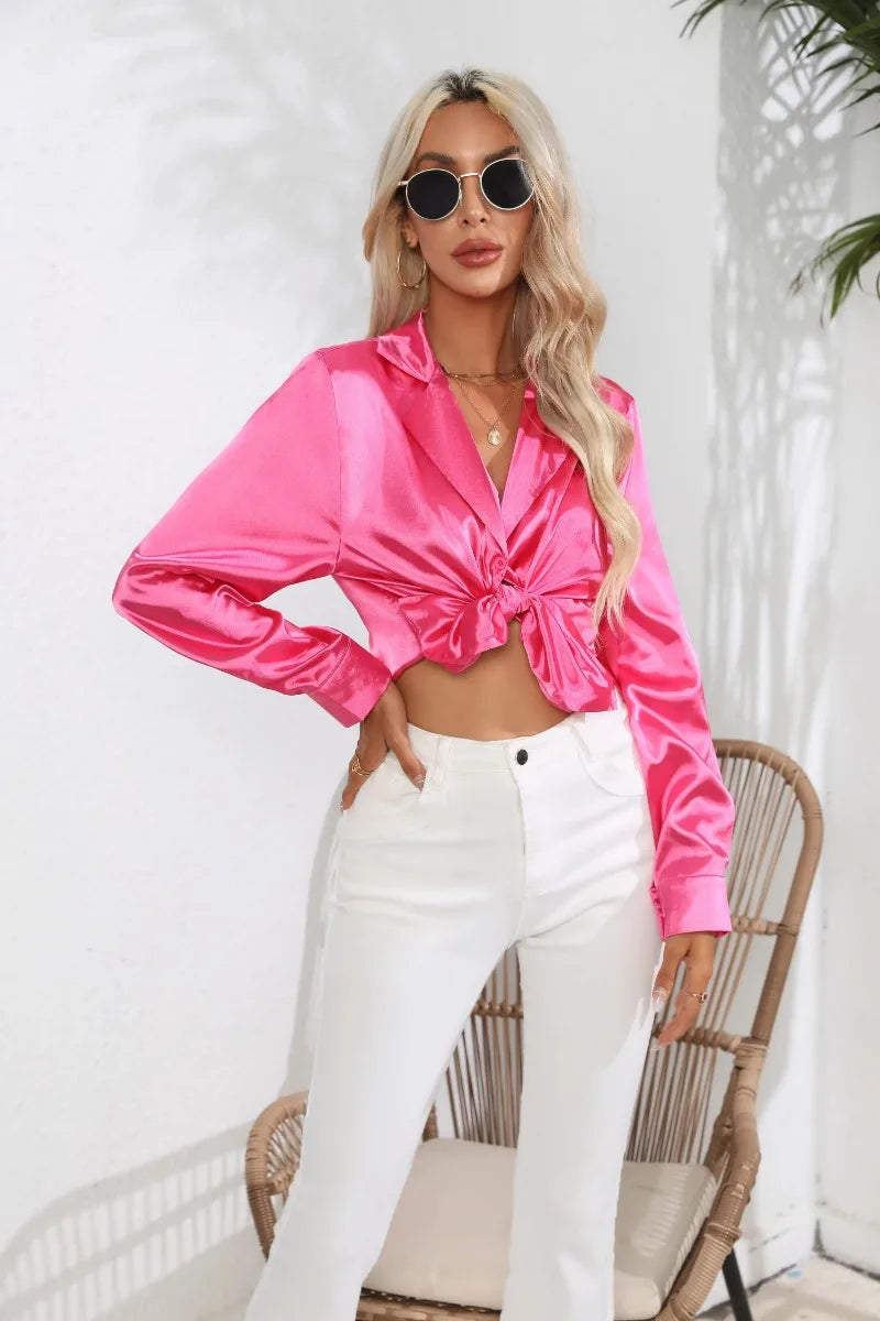 2024 Spring Summer Women Shirts Office Lady Woman Long Sleeve Satin Turn-down Collar Blouse with Single Breasted Female Blouses