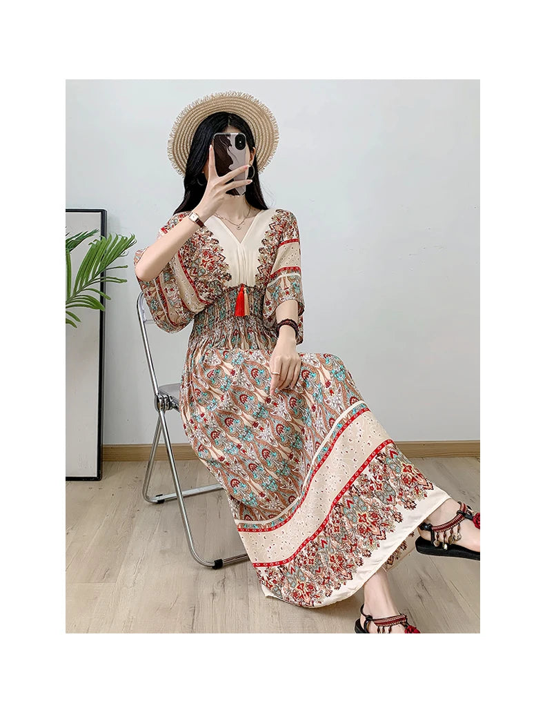 Print Floral Short Sleeve Maxi Dress Women Dresses Summer Spring V-neck Fashion Female Vintage Poplin Bohemian Beach Dresses