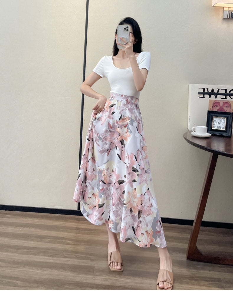 2022 Summer High Waist Women Skirts Casual Floral Printed Chiffon Woman Midi Skirts Bohemian Beach Holiday Long A-line Skirts