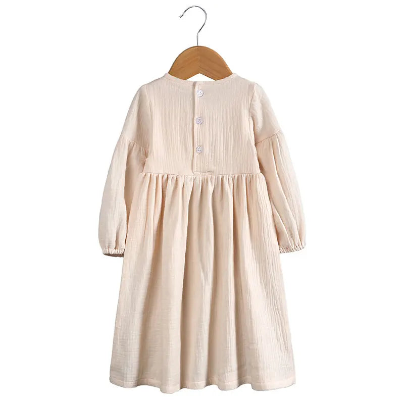 Fashion Solid Color Kids Dresses for Girls Cotton Linen Long Sleeve Baby Girls Dress Spring & Autumn Children Clothing 1-6 Years