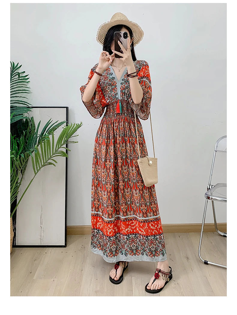 Print Floral Short Sleeve Maxi Dress Women Dresses Summer Spring V-neck Fashion Female Vintage Poplin Bohemian Beach Dresses