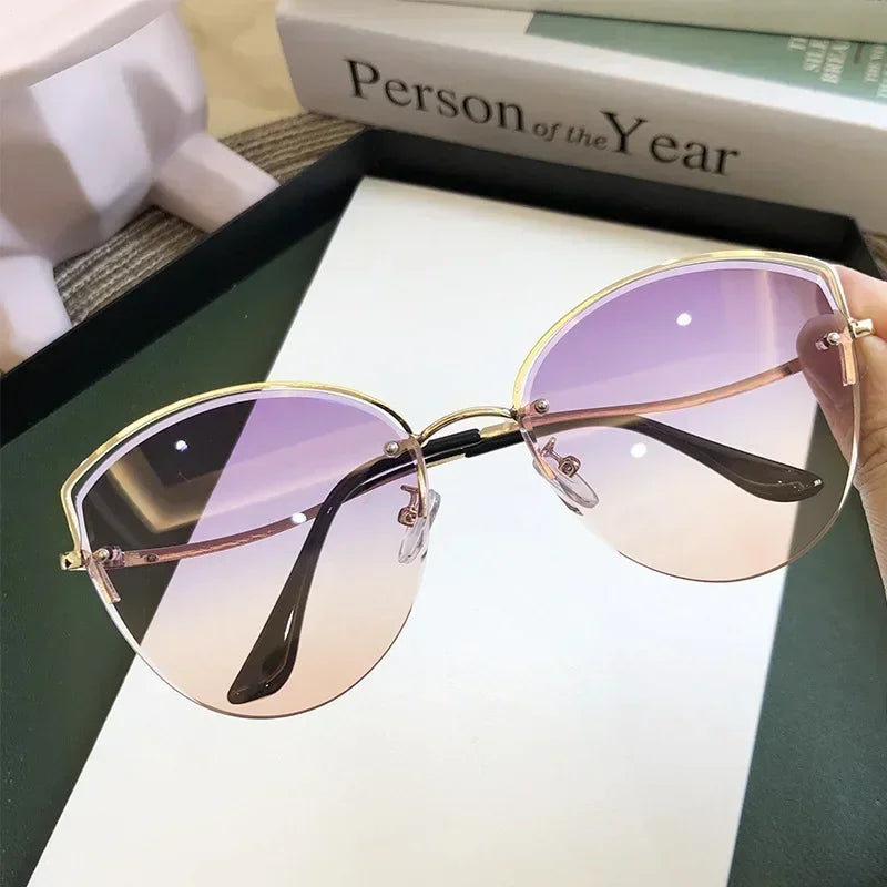 Brand Rimless Sunglasses Women Luxury Cat Eye Sun Glasses Ladies Clear Gradient Sunglass 2024 Diamond Cutting Lenes UV400