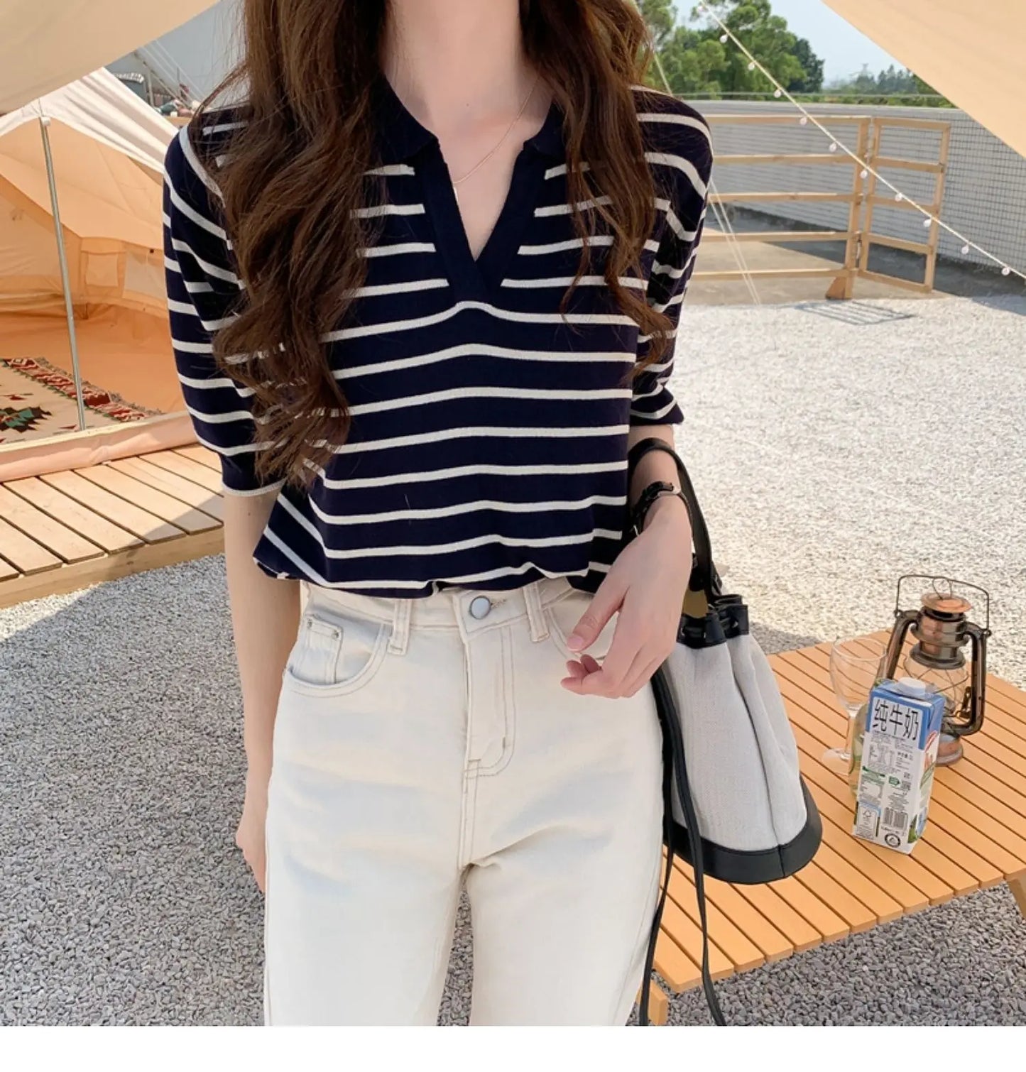 Summer Striped T-Shirt Women Knitted Shirts Pullover Tops Short Sleeve Crop Tops Female Elastic Casual Knit Tee Women's T-Shirts