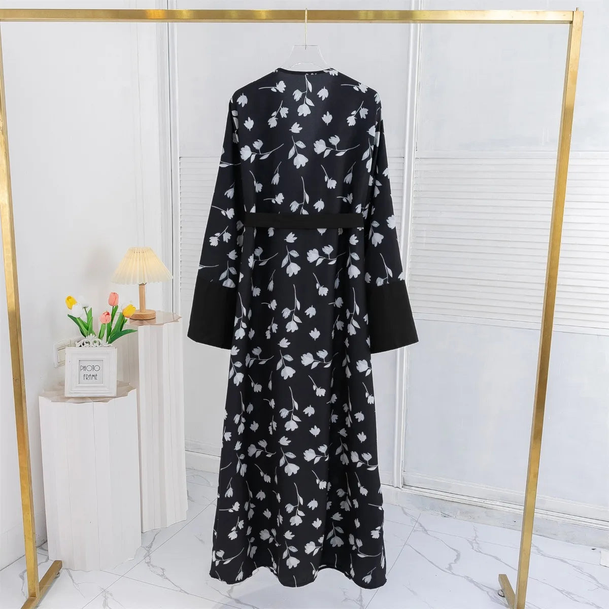 Muslim Printed Floral Open Front Abaya women Long Sleeve Maxi Length Dress With Belt Women's Clothing Kaftans Women Jilbabs