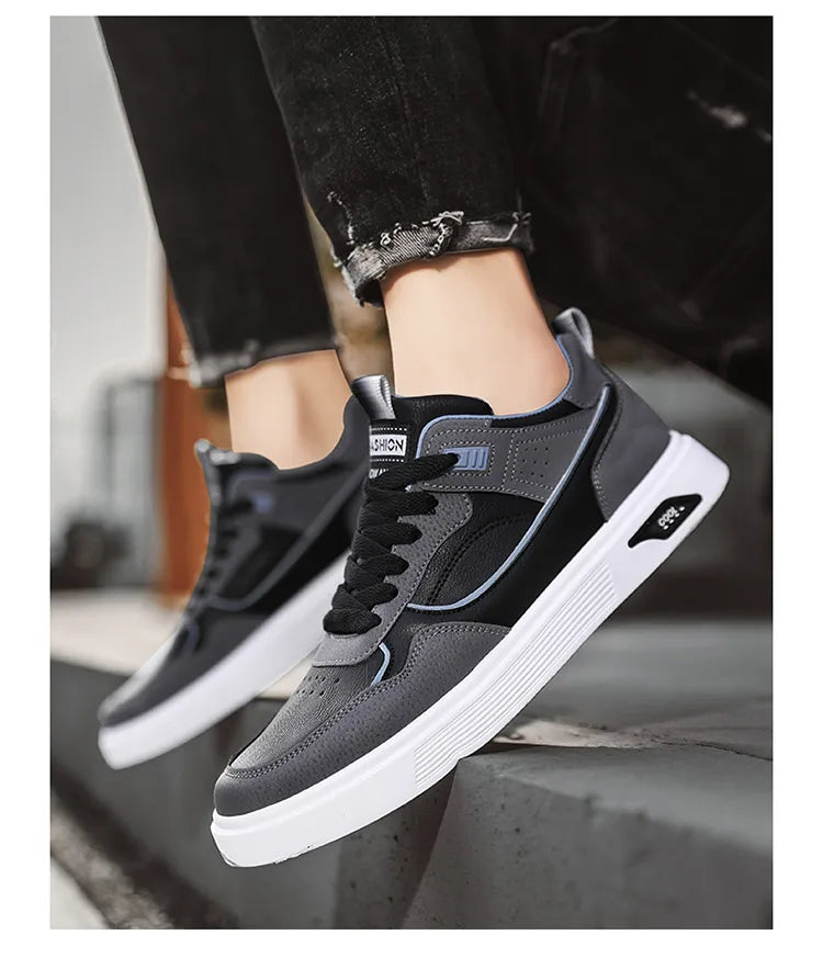 Men's new casual sports shoes leather spring and autumn lace-up white men's shoes vulcanized walking men's shoes