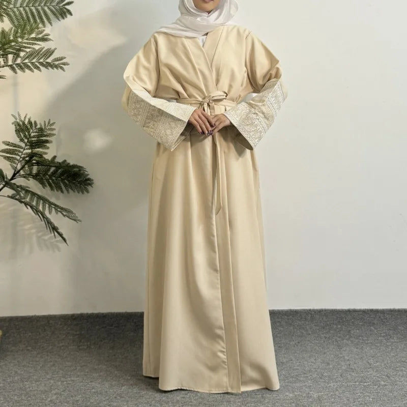 Open Front Abaya Long Sleeve Embroidered  Maxi Length Dress, Muslim Abayas Out Kaftans with Belt Women's Clothing Women Jilbabs