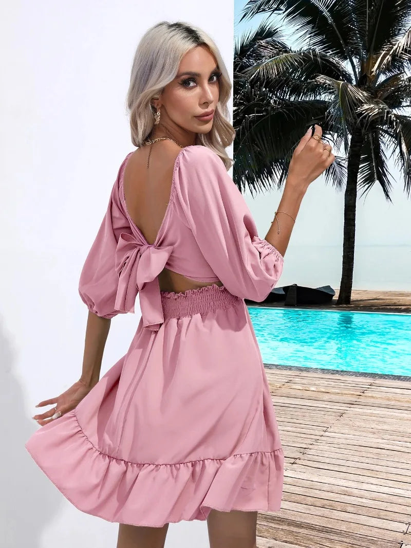 Summer Women Dresses Square Collar Bohemian RUFFLES Elastic Waist Above Knee Mini Dress Short Sleeves Pullover Mujer Vestidos