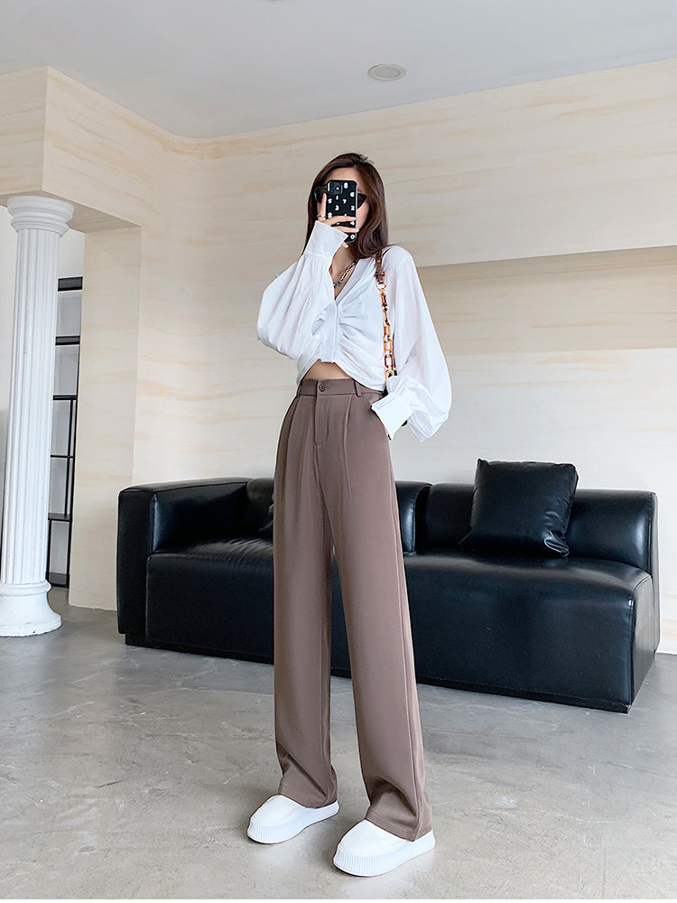 Women High Waist Floor-Length Suits Pants Autumn Winter White Loose Wide Leg Pants Female Office Ladies Straight Long Trousers