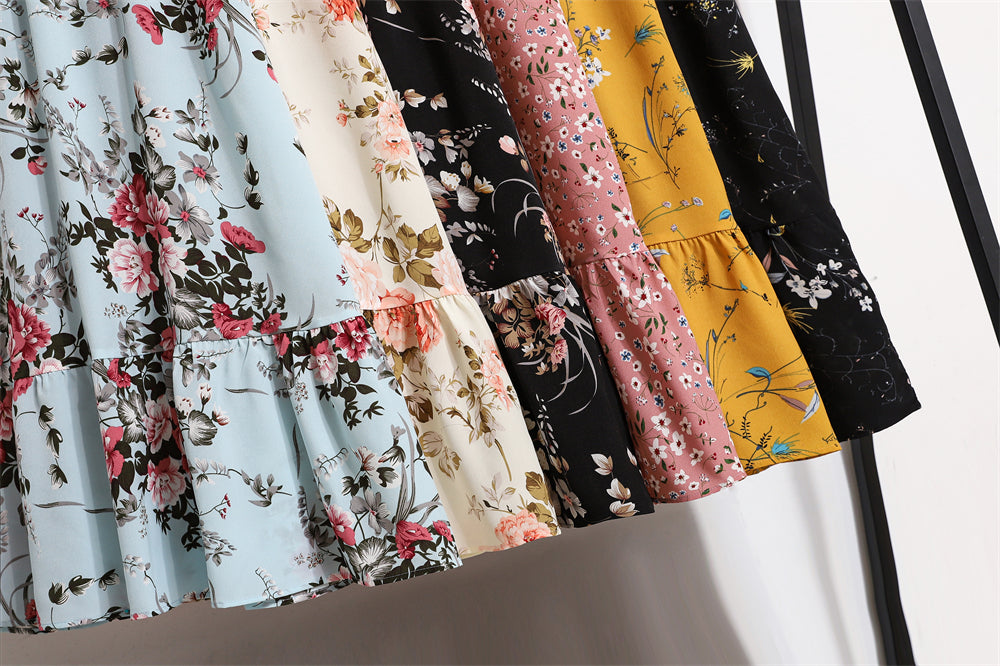 Autumn Spring Vestidoes Woman Chiffon Dresses Full Sleeve Vintage Printed Floral Zipper Casual Long Dress Women Maxi Dresses