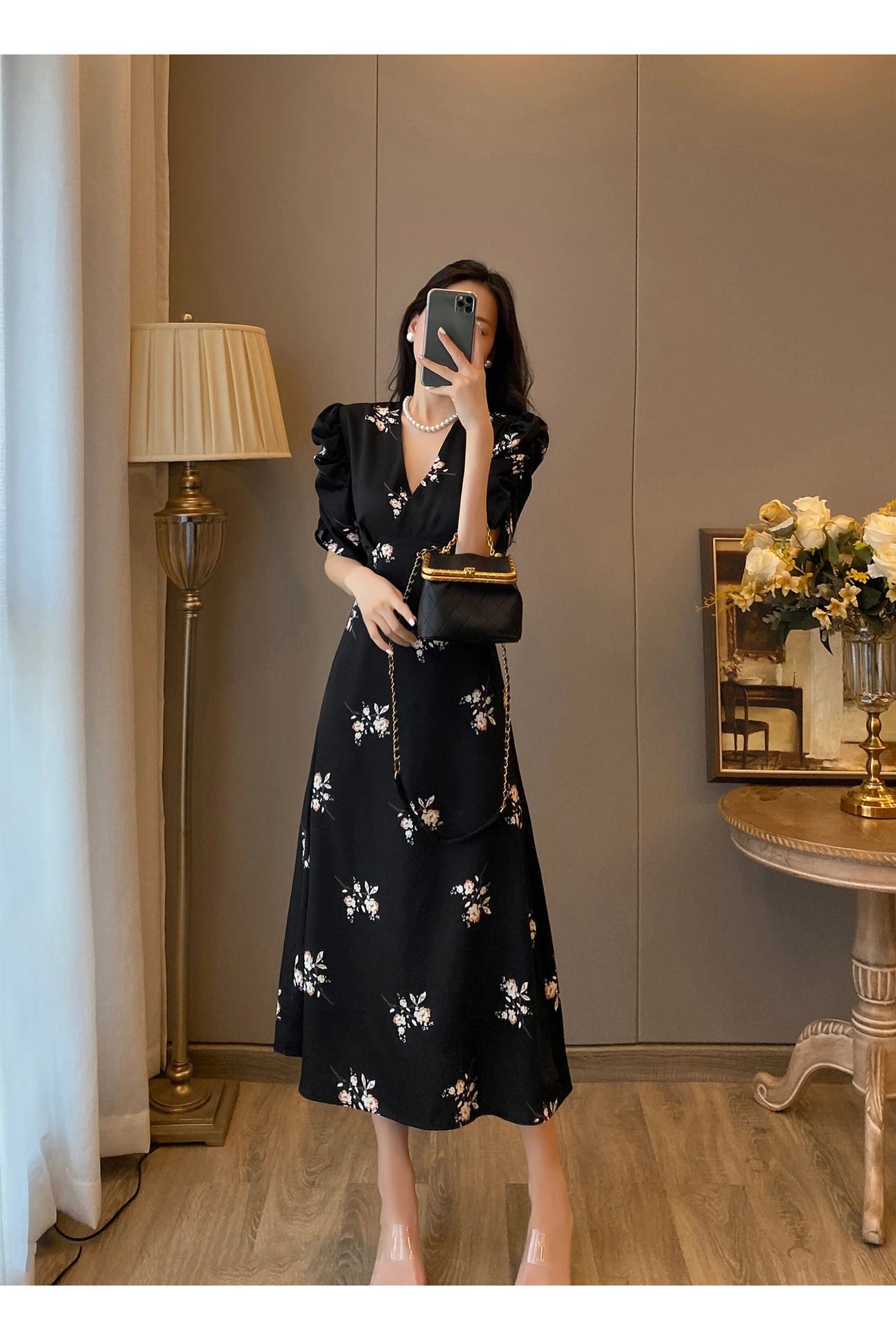 Spring Summer Chiffon Dress Women Casual Dresses Fashion Female Printed Floral V-neck Short Sleeve A-line Dresses Vestidos