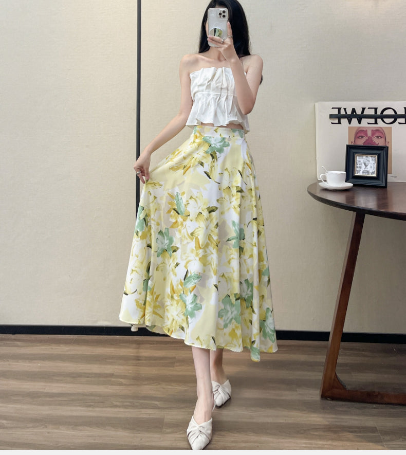 2022 Summer High Waist Women Skirts Casual Floral Printed Chiffon Woman Midi Skirts Bohemian Beach Holiday Long A-line Skirts