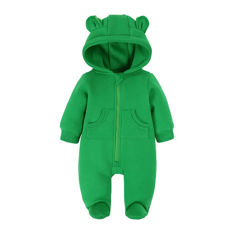 Solid Color Newborn Baby Boy Clothes Long Sleeve Hooded Zipper Baby Clothes Girls Footies Winter Warm Infant Clothing 3-24Months