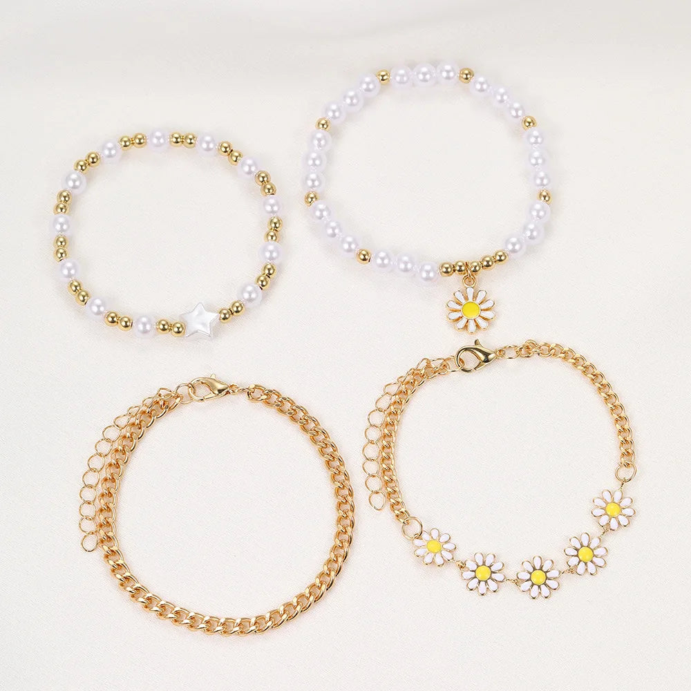 Elegant 4pc Daisy & Imitation Pearl Bracelet Set - Cute Zinc Alloy Jewelry for Stylish Girls, Ideal Gift