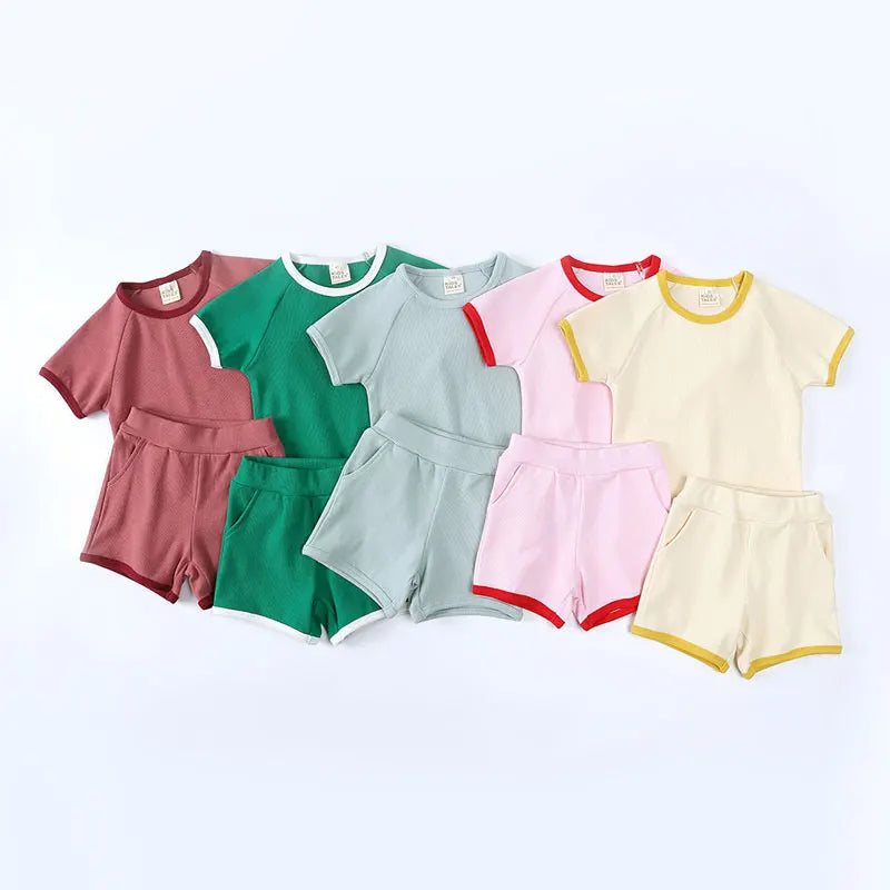 Fashion Solid Color Kids Clothes Boys Outfit Set Cotton Short Sleeve Tops Shorts Summer Toddler Girls Clothing Sets