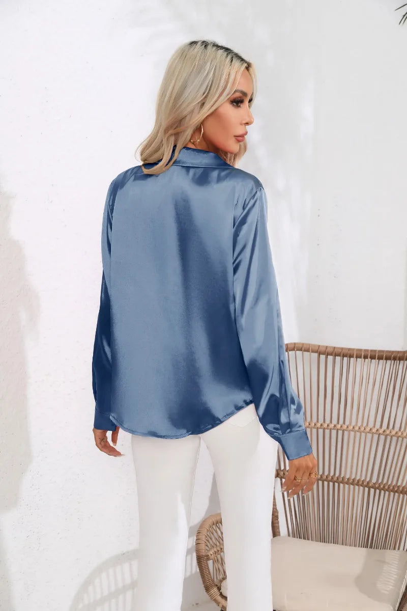 2024 Spring Summer Women Shirts Office Lady Woman Long Sleeve Satin Turn-down Collar Blouse with Single Breasted Female Blouses