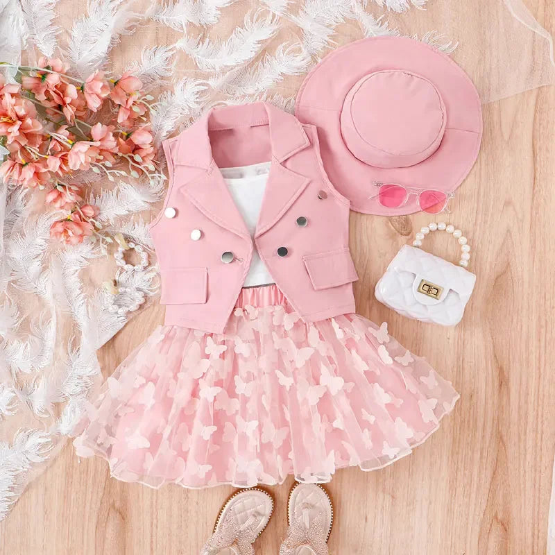 Fashion Children Girl Clothing Sets 4 PCS Cotton Sleeveless Tops Vest Skirt Hat Summer Kids Clothes Girls Outfit 4-7 Years