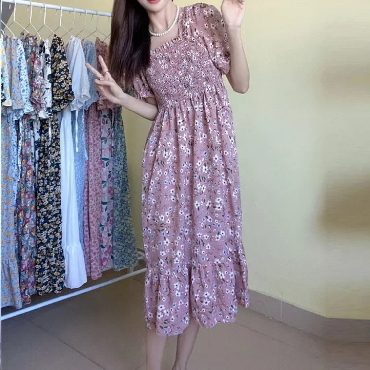 Spring Summer Elastic Waist Chiffon Dress Women Casual Dresses Vestidos Fashion Female Short Sleeve Pleated A-line Dresses