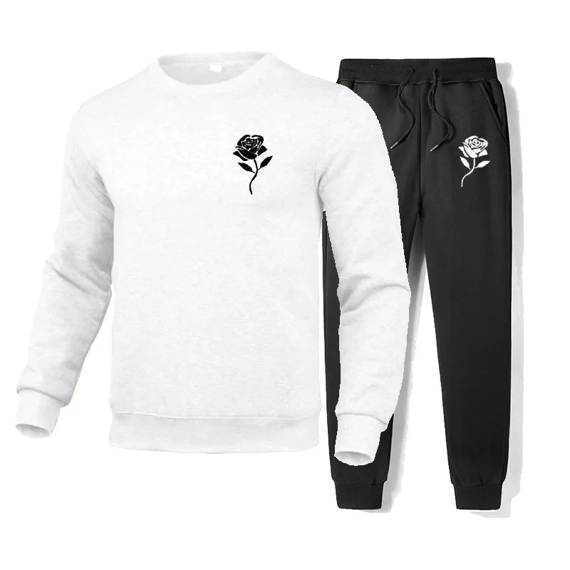 Cotton Tracksuit Men smile Rose printed Sweatshirt Sweatpants 2 piece Men Sets Sport Suit Cotton Sweatsuits jogging Male set