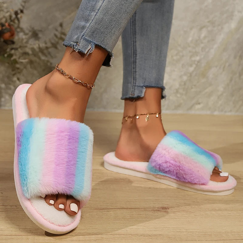 Colorful Fluffy Fur Slippers Women 2024 Winter Warm Flat Heels Home Cotton Slippers Woman Non Slip Indoor House Shoes Slides