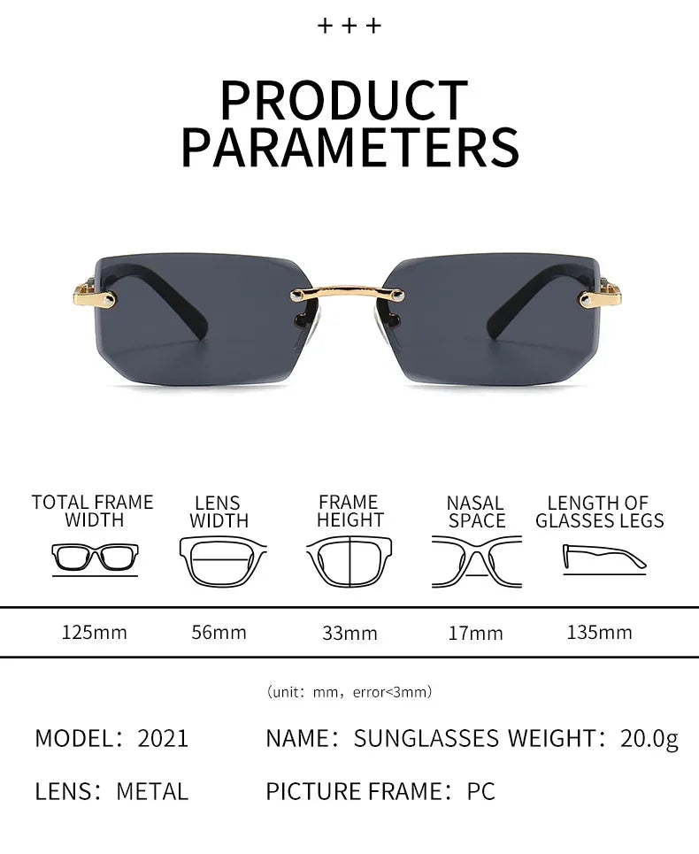 UV400 Rimless Rectangle Sunglasses Fashion Y2K Frameless Sun Glasses Shades for Women & Men