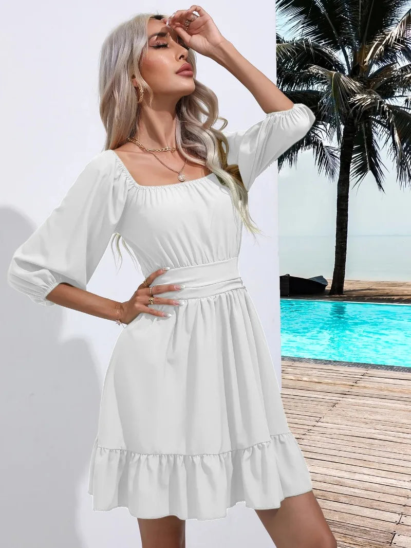 Summer Women Dresses Square Collar Bohemian RUFFLES Elastic Waist Above Knee Mini Dress Short Sleeves Pullover Mujer Vestidos