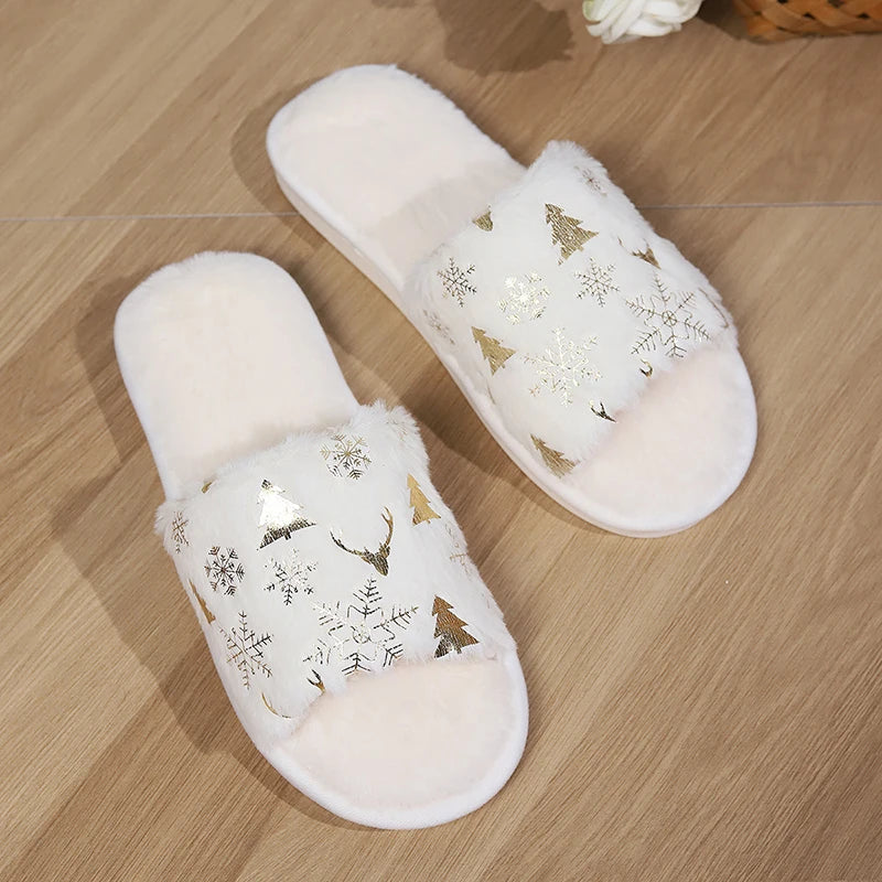 Christmas Style White Fluffy Slippers Women 2024 Winter Warm Flat Heels Home Fur Slippers Woman Non Slip Cotton House Shoes