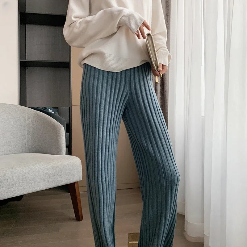 Autumn Winter Casual Thick Knitted Pant Women Long Trousers Elastic High Waist Kniting Wide Leg Pants Striped Pantalon