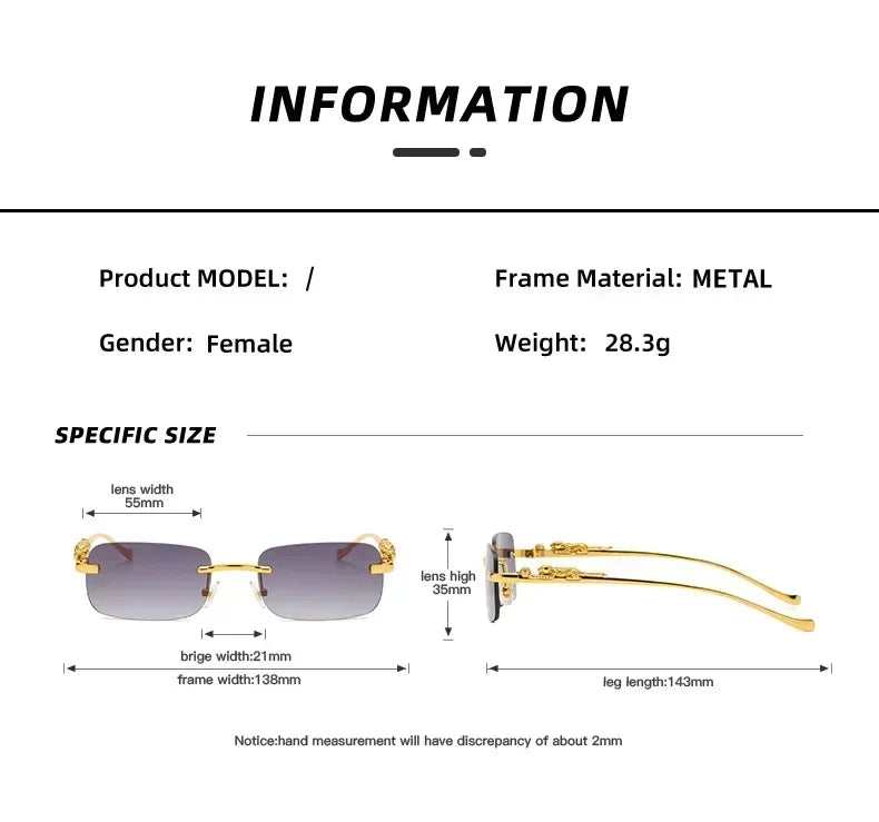 New Rimless Rectangle Vintage Metal Leopard Head Sunglasses Fashion Frameless Tinted Glasses Shades For Women Men