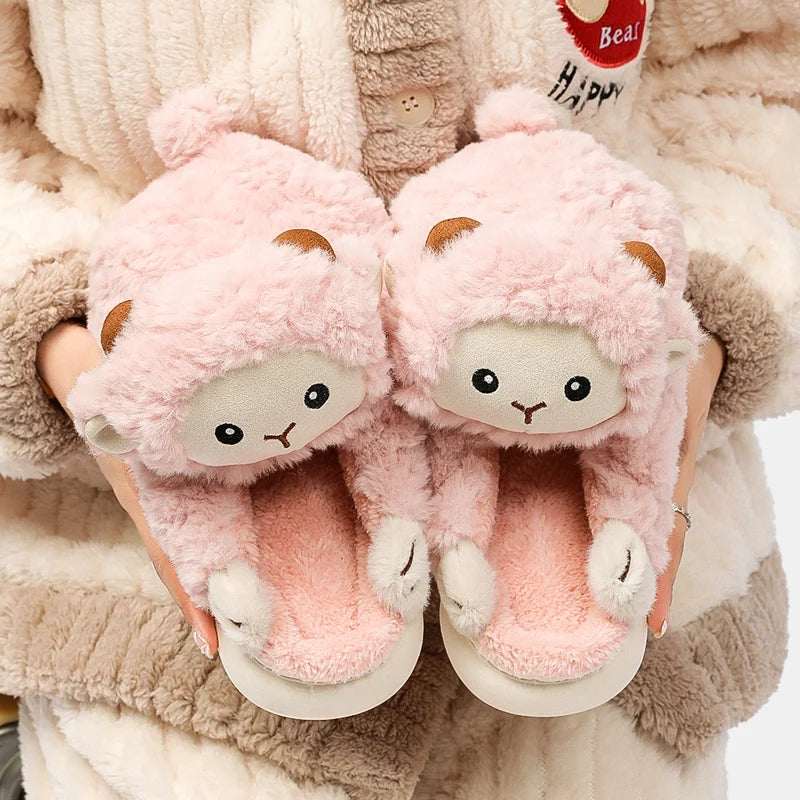 Cartoon Sheep Fluffy Cotton Slippers Women 2024 Winter Warm Soft Sole Home Slippers Woman Cute Couple Indoor House Cotton Shoes