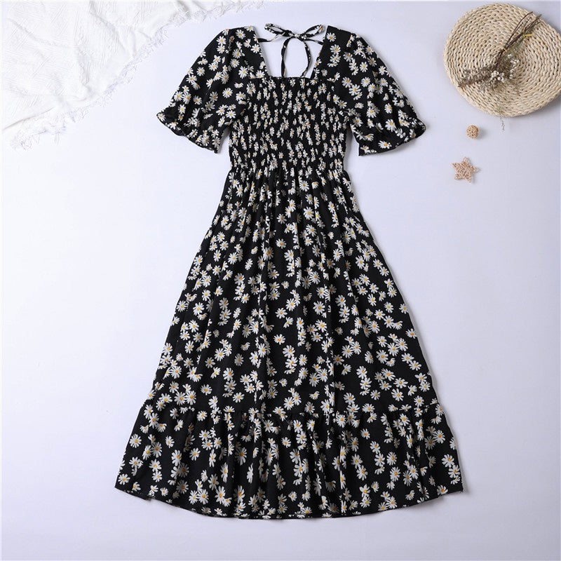 Summer Pleated Women Chiffon Dresses Casual Beach Holiday Short Sleeve Square Collar Woman Midi Dress Bohemian Mujer Vestidos