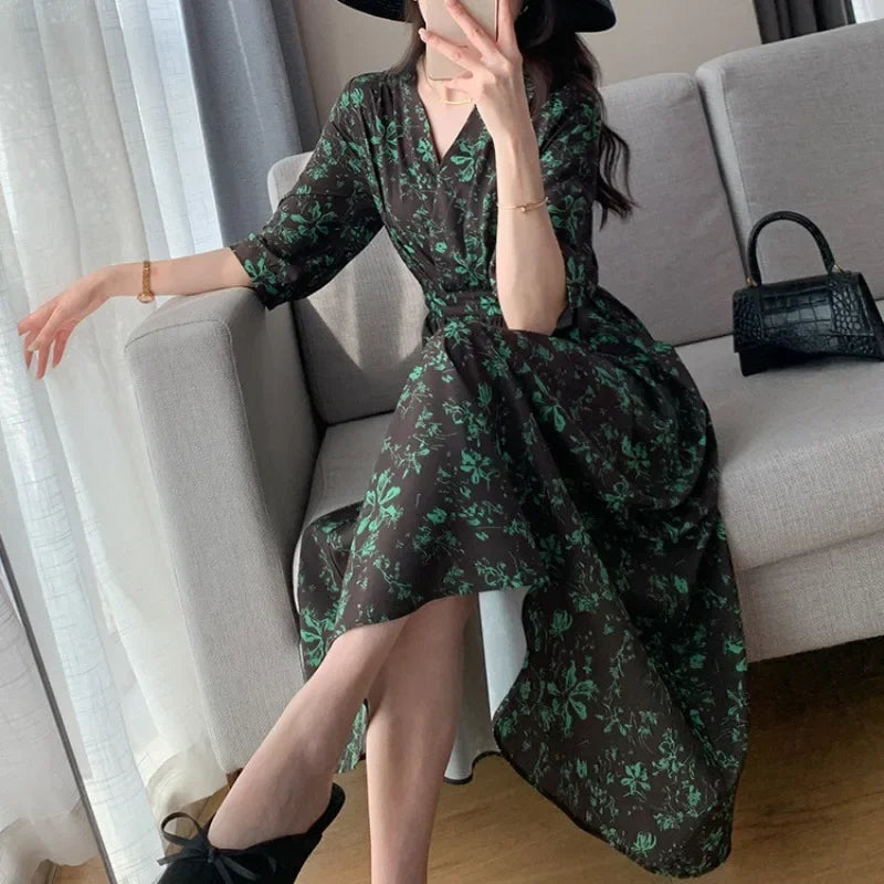 Spring Summer Printed Floral Dress Women Casual Dresses Fashion Female Vestidos Short Sleeve Vintage V-neck A-line Dresses