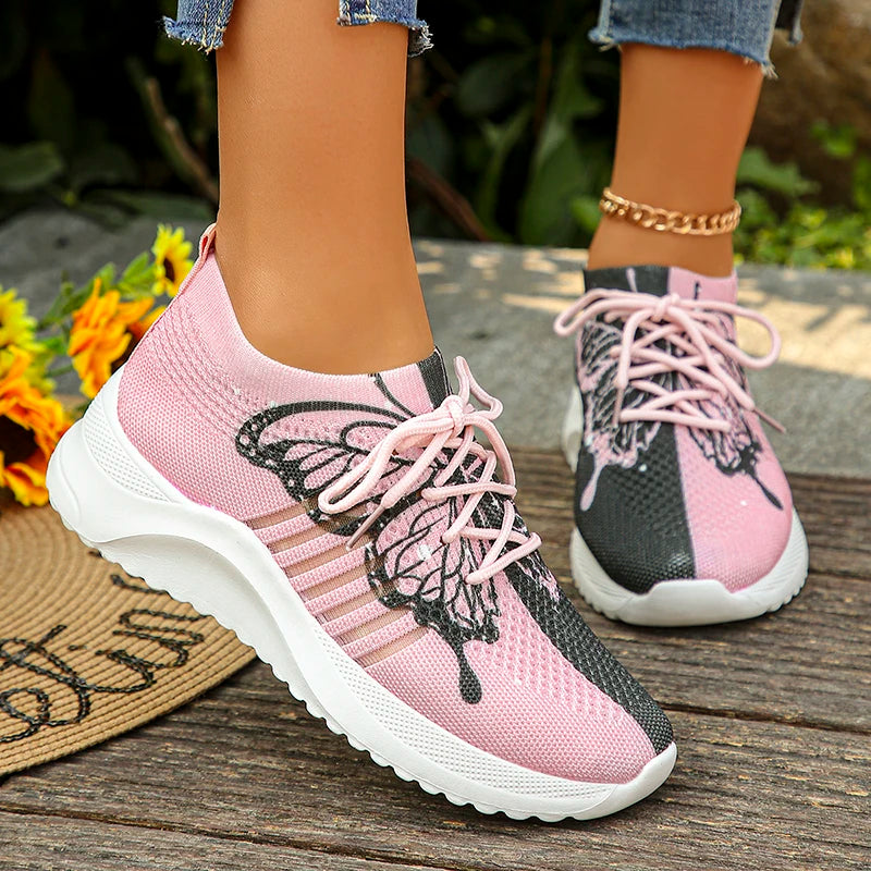 Butterfly Printed Knitted Sneakers Women Lightweight Anti-Slip Breathable Casual Shoes Woman 2024 Fashion Lace Up Tennis Shoes