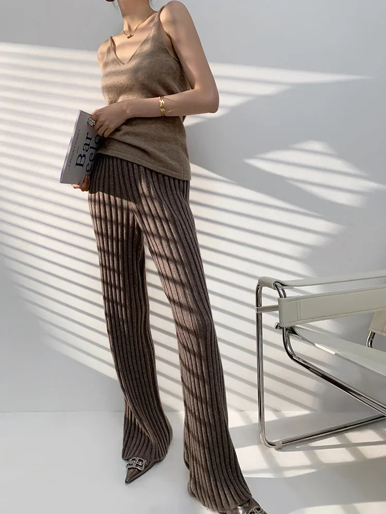 Autumn Winter Casual Thick Knitted Pant Women Long Trousers Elastic High Waist Kniting Wide Leg Pants Striped Pantalon