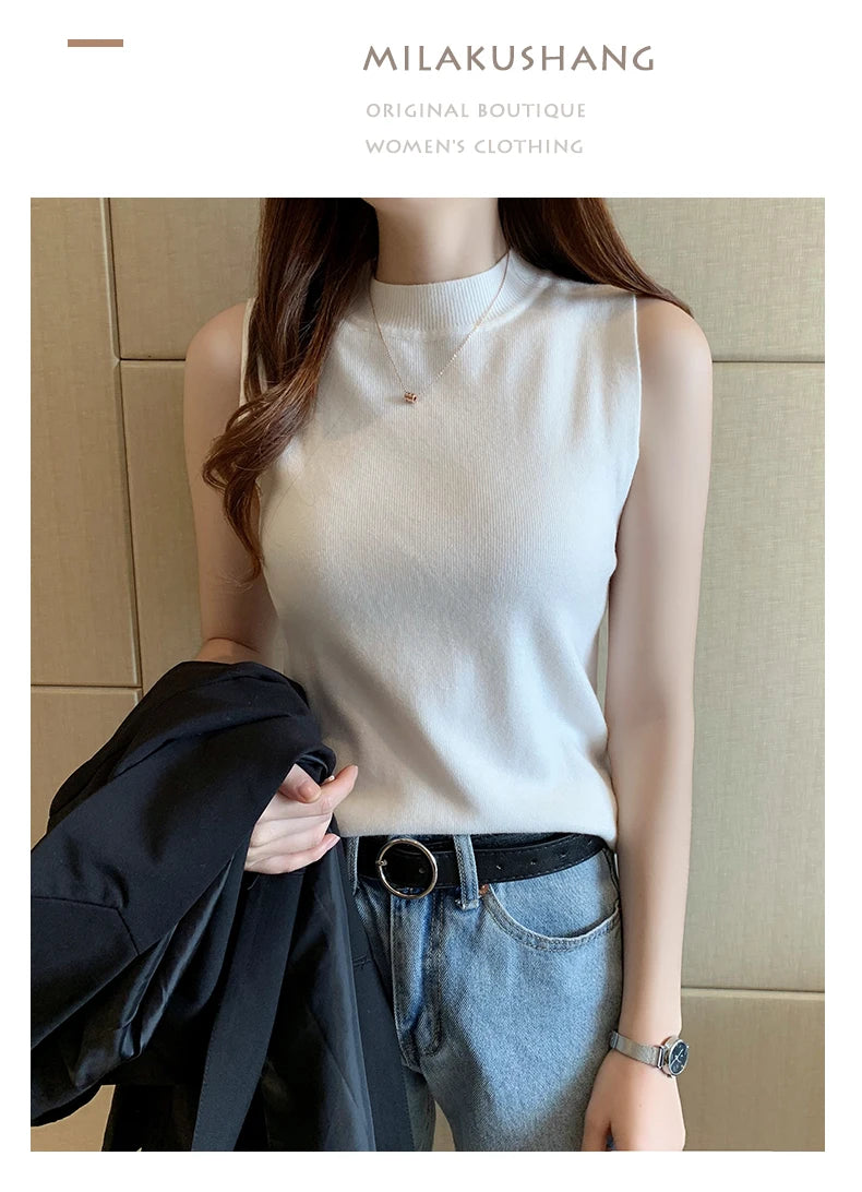 Women's T-Shirts Spring Summer Women Knitted Tank Sleeveless Shirts Tops Female High Elastic Slim Casual Knit T-Shirts Crop Tops