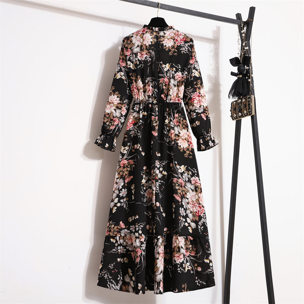 Autumn Spring Vestidoes Woman Chiffon Dresses Full Sleeve Vintage Printed Floral Zipper Casual Long Dress Women Maxi Dresses