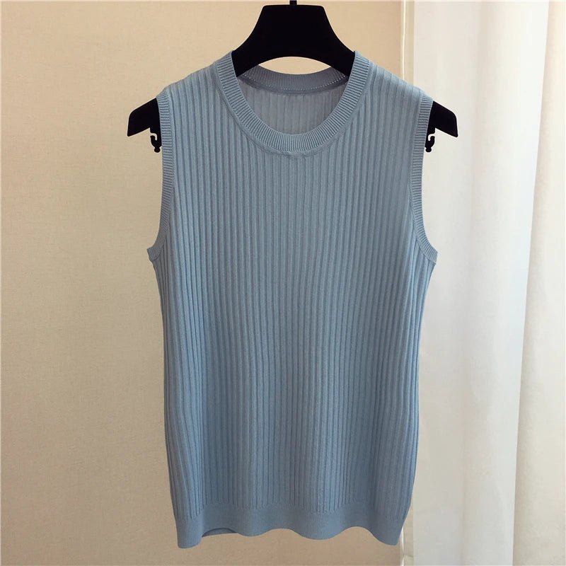 Summer Spring Tanks Top Women Sleeveless Knitted T-Shirts Female Elastic Slim Casual Vests Crop Tops Camis Pullover Shirts