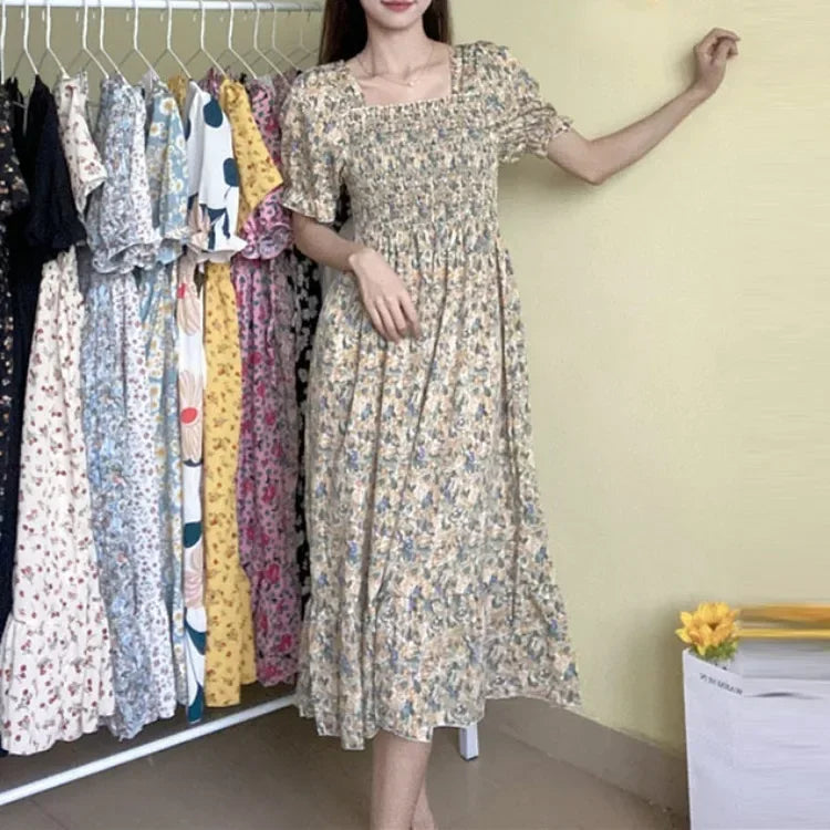 Spring Summer Elastic Waist Chiffon Dress Women Casual Dresses Vestidos Fashion Female Short Sleeve Pleated A-line Dresses