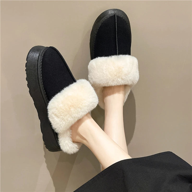 Women's new fur slippers for outdoor wear, 2024 winter short tube snow boots, thick soled warm cotton slippers